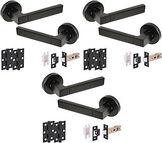 HANDLEZONE® 3 Sets Luxa Internal Door Handle Pack, Complete with Lever Handles, 76mm Latch, 75mm Ball Bearing Hinges - Black Matt