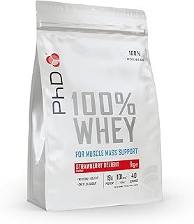 PhD Nutrition 100 Percent Whey, Grass Fed Whey, Lean Muscle Protein Powder, Rich in BCAA and Low Calorie, Strawberry Delight, High Protein, 40 Servings per 1 kg Bag