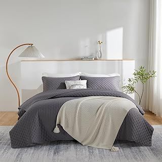 JUNCAI Bedspread Grey King Size Bed, Soft Lightweight Summer Microfiber Coverless Duvet for All Season, 3 Piece Bedspread with Pillow Shams (1 Quilt, 2 Pillow Shams)