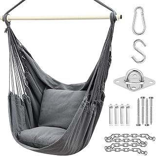 Hanging Chair Cotton Swing Chair with Hardwares, Ohuhu XL Portable Hammock Chair with 2 Cushions Installation Kit Detachable Metal Support Bar Side Pocket for Indoor Outdoor Patio, Max Weight 150kg