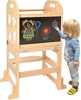 Toddler Learning Tower, Nursery Standing Tower, Kitchen Wooden Kids Step Stool, Child Stool Helper Tower for Toddlers 1-3 with Chalkboard with Safety Rail