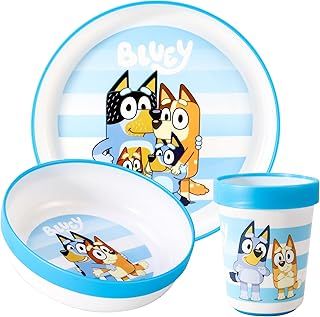 Bluey 3pcs Reusable Bicolor Premium Kids Dinner Tableware Set Plate, Bowl & Tumbler, BPA Free