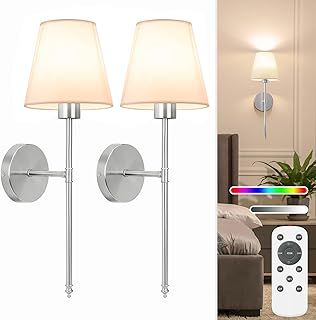 NIORSUN 19.9 inch Battery Operated Wall Lights, Brushed Nickel Rechargeable Wall Lights with 5200mAh Dimmable Detachable Bulbs and Remote, 9 Colours Wireless Sconces for Bedroom Living Room Hallway