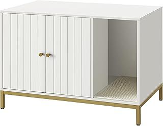 Feandrea Cat Litter Box Enclosure, Hidden Litter Box Furniture with Scratching Mat, Tall Legs, Cat House, Side End Table, 80 x 50 x 55 cm, White and Gold PCL007W01V1