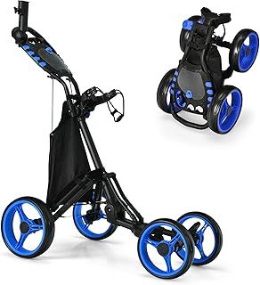 4 Wheels Golf Push Pull Cart, Lightweight Golf Trolley with Storage Bag, Foot Brake, Built-in Cooler and Umbrella Holder, Foldable Convenient Quick Open Golf Bag Holder