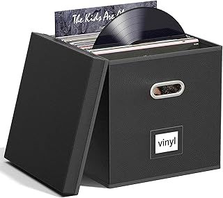 Leather Vinyl Record Storage Box for 12 inch Records, CD Storage Case, Folding LP Storage Boxes Holds up to 80+ Single Records, Records Organizer for Albums, CDs, Passports, Magzine, Files - Black