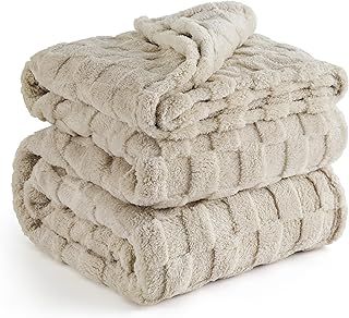 Bedsure Fleece Blanket for Bed - Soft Cosy Checkered Blankets, Fluffy Warm Large Throw for Women and Girls, Beige, 220x240 cm
