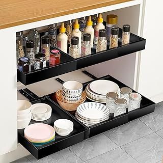 Pull Out Cabinet Organiser, Extendable Large Slide Out Kitchen Storage Drawer Shelf, Drawers Cabinet Basket with Handle for Kitchen Bathroom, No Need Drill and Nailing(Range 32-48cm)
