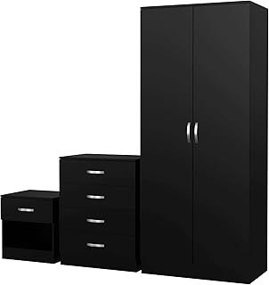 Nera Black Bedroom Furniture Set 3 Piece Set with Wardrobe Chest of Drawer Bedside Table Bedroom Storage