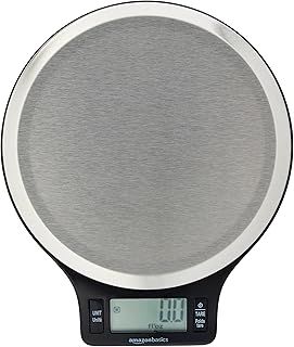 Amazon Basics Digital kitchen scales with LCD display (with batteries), Black and Stainless Steel, BPA free, Weighs up to 11 pounds