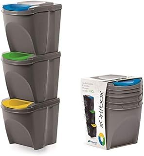 20 Litre Large Stackable Recycling Sorting Colour Coded Plastic Bins with Hinged Lids (Grey, Set of 3)