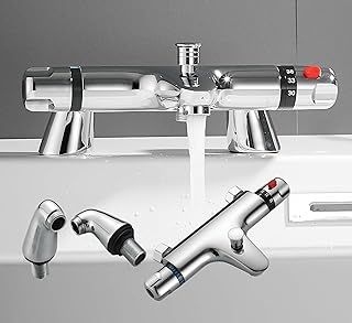 Thermostatic Bath Shower Mixer Taps, Mixer Valve Shower Bar Deck-Mounted with Top Upwards Facing 1/2"BSP Shower Outlet, Dispatched from UK Stock
