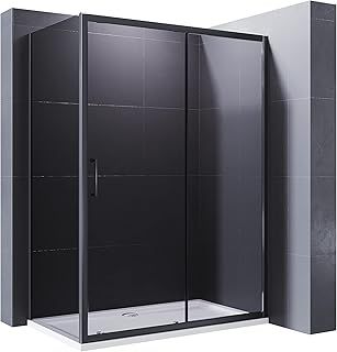 ELEGANT 1000x900mm Black Sliding Shower Enclosure 8mm Easy Clean Glass Shower Cubicle Door with Stone Tray + Side Panel