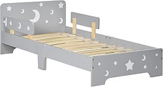 ZONEKIZ Kids Toddler Bed Children's Bedroom Furniture w/Star and Moon Patterns, Side Rails, for Boys, Girls, Ages 3-6 Years, 143 x 76 x 49cm - Grey