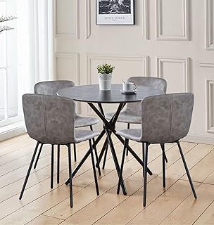 Hallowood Furniture Cullompton Small Round Dining Table and Chairs Set 4, Black Wooden Effect Kitchen Table with Grey Leather Effect Dining Chairs, Dining Room Set for Home and Café