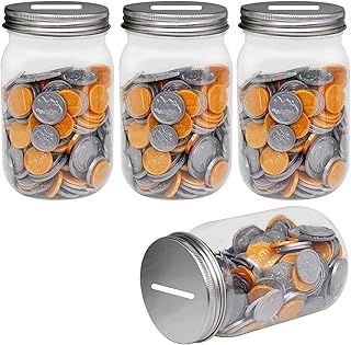 Small Clear Plastic Coin Banks 4-Pack, 16oz with Silver Slotted Lids, Tip Coin Jars for Adults Teens Kids