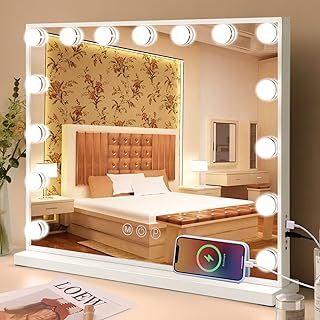 Fenair Rotating Hollywood Vanity Mirror with Lights Makeup Mirror with Lighting and USB Charge Port for Bedroom Dressing Room, 15 Dimmable Bulbs, 360° Rotation