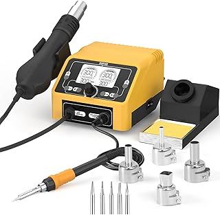 Soldering Station 2-in-1 Hot Air Rework Station with LCD Display,℉/℃ Conversion Soldering Iron Kit with Digital Temperature Correction, Sleep Mode, 5 Soldering Tips and 4 hot air nozzles