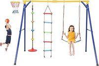 Maxmass 4-in-1 Kids Swing Set, Metal Frame Swings Playset with Basketball Hoop, Disc Rope Swing, Climbing Ladder, Belt Swings, Children Playground for Indoors Outdoors (Weight Capacity: 300 kg)