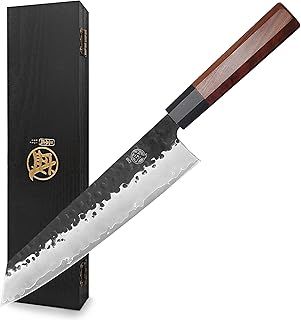 MITSUMOTO SAKARI Japanese Kiritsuke Chef Knife, High Carbon Stainless Steel Kitchen Knife, 9 inch Professional Hand Forged Meat Sushi Knife (Rosewood Handle & Sandalwood Box)