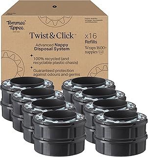 Tommee Tippee Twist and Click Advanced Nappy Bin Original Refill Cassettes, Exclusive Pack of 16, for Easy refill and Great value (pack may vary)