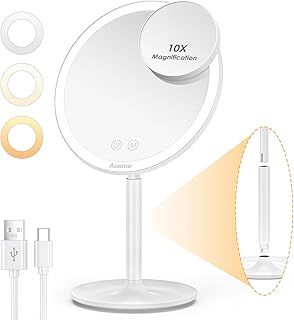 Auxmir Makeup Mirror with Lights and Rechargeable Battery, Detachable 10X Magnification, 3 Light Colors, 46 LED Lights Dimmable Touch Sensor Portable Light up Cosmetic Mirror with Storage Tray