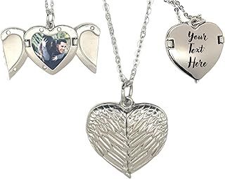 With Your Touch Personalised Engraved Photo Locket Necklace - Silver Heart - Angel Wings