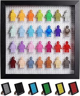 Black Wooden Minifigure Display Case - Memorabilia Display Case for Figures - 11 x 11 Inches Shadow Box Frame - for Wall and Table Top - with Dust Protection - Holds Up to 28 Figurines
