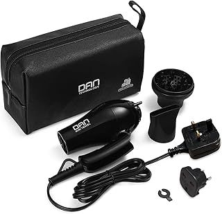 DAN Technology Travel Hair Dryer 1000W Dual Voltage Blow with Plug Adaptor and Storage Bag Mini Hairdryer Folding Handle Small Concentrator & Diffuser Set for Women Men, Black, 1.0 count