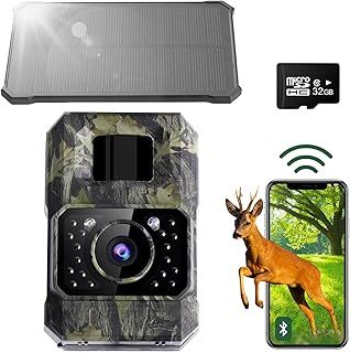 Wildlife Camera WiFi Bluetooth, 48MP 30fps Solar Infrared Trail Camera with Night Vision Motion Activated 0.2s Trigger Trail Cam with 32GB SD Card, 2000mAh Battery Rechargeable for Wildlife Scouting