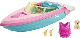 Barbie Boat with Puppy and Themed Accessories, Fits 3 Dolls, Floats in Water, Great Gift for 3 to 7 Year Olds, GRG29