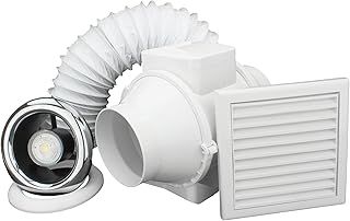 4 inch Inline Bathroom Extractor Fan Kit Silent Timed Universal Loft Ventilation System with Chromed LED Light for 100 mm Flexible Duct Shower White Plastic Louvre