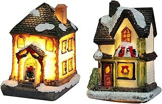 2 Pieces Christmas Village Sets, Light Up Village Houses LED Lights Christmas Town Scene Display Tiny Resin Figurines Building Sets, Christmas Snow House Xmas Town Scene Desktop Decorations