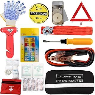 12-in-1 Car Driving Safety Emergency Kit EU Vehicle Repair Essentials Travel Tool Storage Case, Warning Triangle, First Aid Kit - European Driving Kit, 12 Pcs (Black)