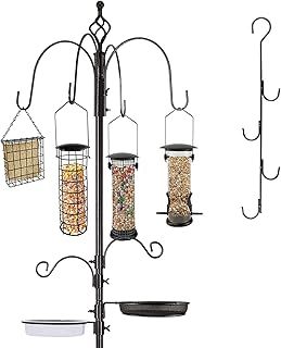 MIXXIDEA Bird Feeder Station Kit - 238 CM Bird Feeders Pole with 5-Prong Base, Multifunctional Birds Feeders Stand for Outdoors, with 7 Hooks, 5 Feeders, 1 Bath Tray, Easy to Use, 1 Set in Black