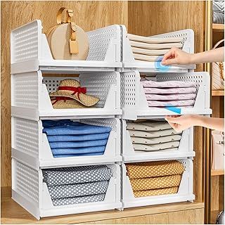 TidyIsles Wardrobe Storage Organiser, 4 Pack Folding Closet Organisers, Stackable Storage Boxes, Plastic Drawer Organiser Basket for Bedroom Kitchen Bathroom White