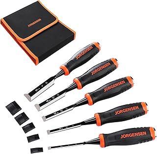 JORGENSEN Wood Chisel Set, 5 Pieces Wood Carving Chisels (6 mm, 10 mm, 12 mm, 19 mm, 25 mm), Cr-V Bevel Edge Chisels with Steel Strike Caps, Professional Woodworking Tools with Storage Bag