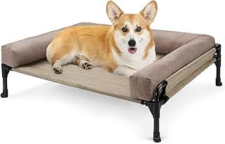 Elevated Dog Bed with Removable Bolster, Raised Dog Bed off Ground Elevated Dog Bed Portable Raised Pet Cot with Raised Sides Washable Mesh No-Slip Feet for Indoor Outdoor, Beige 74x46x18cm