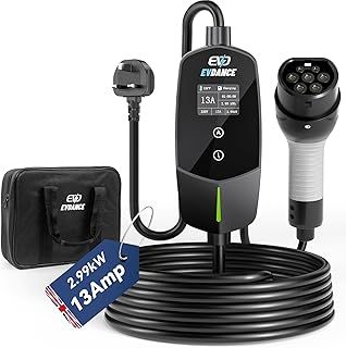 EV Charger Cable Type 2 to 3 Pin Plug 20ft/6.1m [6/8/10/13A] Current Adjustable Portable Electric Car Charger with 0-12h Time Delay, IP66, Type 2 Charging Cable for EV & PHEV, Black