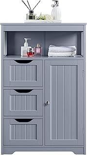 Yaheetech Bathroom Storage Units with Open Storage Shelf Free-standing Floor Cabinets Sideboard with 3 Drawers and 1 Door, Adjustable Shelf for Living Room Kitchen Entryway Gray