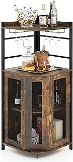 COSTWAY Corner Bar Cabinet, Industrial Wine Storage Sideboard with Glass Holder, Metal Mesh Doors, Adjustable Shelf & Anti-Tipping Devices, Buffet Display Cabinet for Home Kitchen (Rustic Brown)