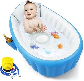 PandaEar Inflatable Baby Bath Tub, Portable Toddler Bath Tub, Infant Baby Bathtub with Air Pump, Foldable Non-Slip Travel Baby Bath Mini Air Swimming Pool for Newborn (Blue)