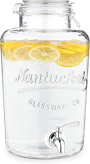 Navaris Drinks Dispenser with Tap - 8L Glass Drink Jar with Stainless Steel Tap and Clip Top Lid - for Cold Beverages, Ice Water, Garden Party