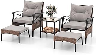COSTWAY 5 Pieces Rattan Garden Furniture Set, Patio Conversation Set with 2 Chairs, 2 Footstools, Glass Top Coffee Table and Thick Cushions, Wicker Weave Outdoor Sofa Seating Set for Balcony Lawn Yard
