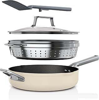 Ninja Foodi 9-in-1 PossiblePan with ZEROSTICK, Steamer/Strainer, Spatula, Glass Lid, 3.8L, Induction Compatible, Oven Safe to 260°C, Vanilla Bean CW102WHUK