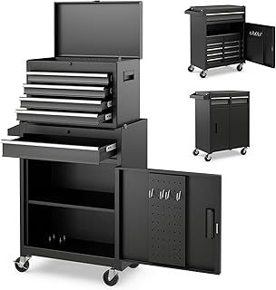 TANGZON Lockable Tool Cabinet, Rolling Tool Chest Combo with Wheels, Drawers, Hooks & Side Handle, Detachable Garage Workshop Tool Cart Trolley (without Middle Compartment, Black)
