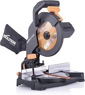 Evolution Power Tools R210CMS Compound Miter Saw Multi-Material Cutting TCT Blade Included Cuts Wood Metal Plastic & More, 45° - 45° Degree Miter & 45˚ Degree Bevel Angles, 1200W, 210mm