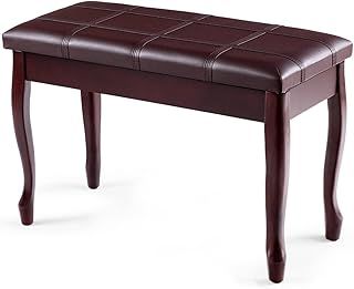 GYMAX Piano Bench with Storage and Padded Cushion, Double Duet Seat, Wooden Legs, PU Leather Keyboard Stool for Kids Adults (Plaid Surface+Curved Leg, Brown)