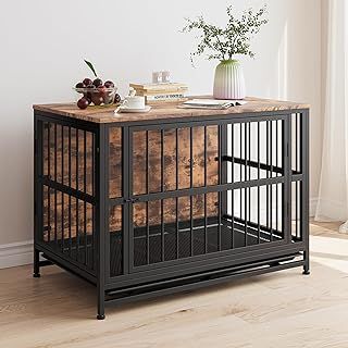 38.98" Wooden Dog Crate Furniture,Large Dog Kennel Indoor,Heavy Duty Dog Cage for Large Dogs,Dog House with Removable Tray,Folding 2 door Crate,Side End Table,Rustic Brown