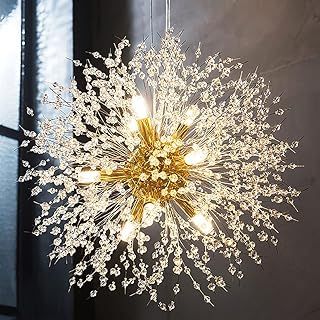 Modern Crystal Dandelion Pendant Lights Ceiling Gold Firework Chandeliers, G9 Lamp Alloy Fixtures With 8 Bulb and 32 Strings Crystal, for Living Room, Bedroom, Dining, Foyer, Bar(Warm light, Gold)